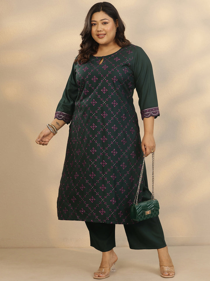 Plus Size Green Printed Rayon Straight Kurta Set