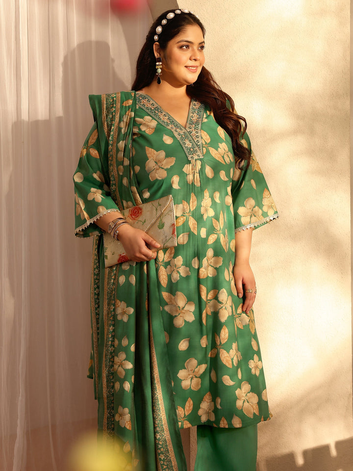 Plus Size Green Printed Silk blend Straight Suit Set With Dupatta