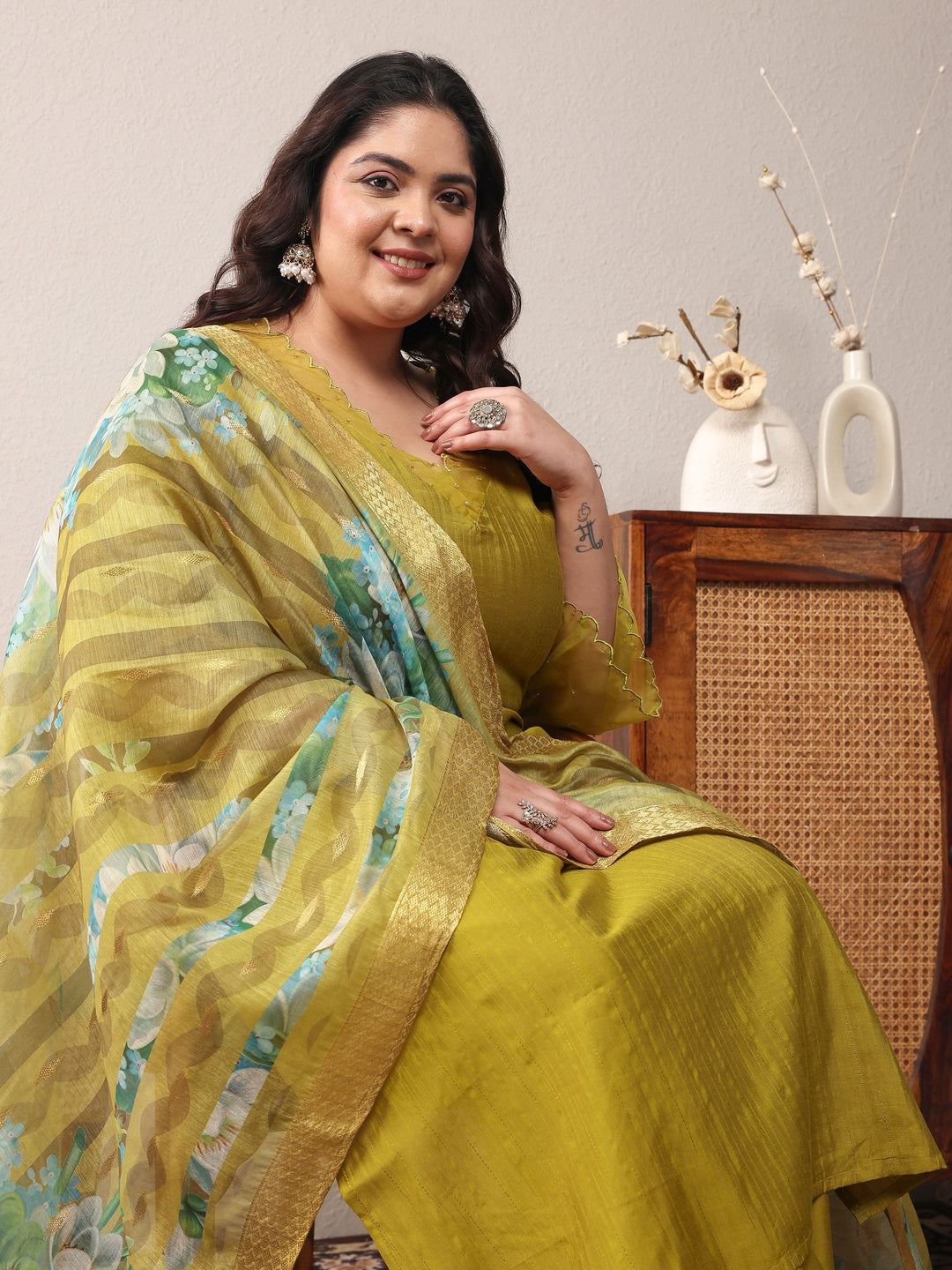 Plus Size Green Woven Design Silk Blend Straight Suit Set With Dupatta