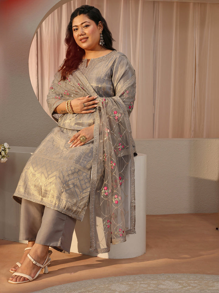 Plus Size Grey Ethnic Woven Design Silk Blend Straight Suit Set