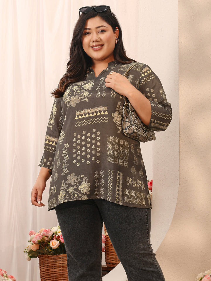 Plus Size Grey Floral Printed Muslin Straight Short Kurti