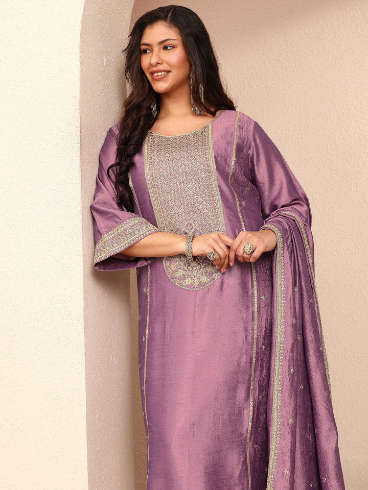 Plus Size Lavender Embroidered Plus Size Clothing Silk Blend Straight Suit Set With Dupatta