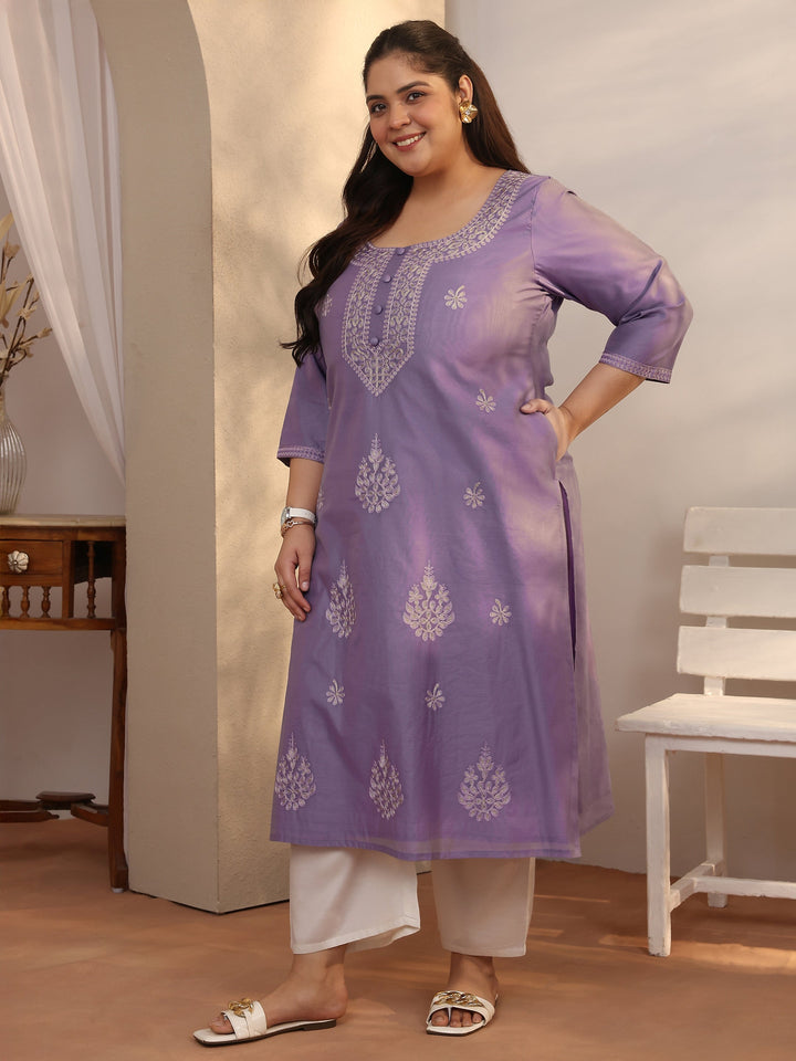 Plus Size Lavender Embroidered Silk Blend Straight Kurta