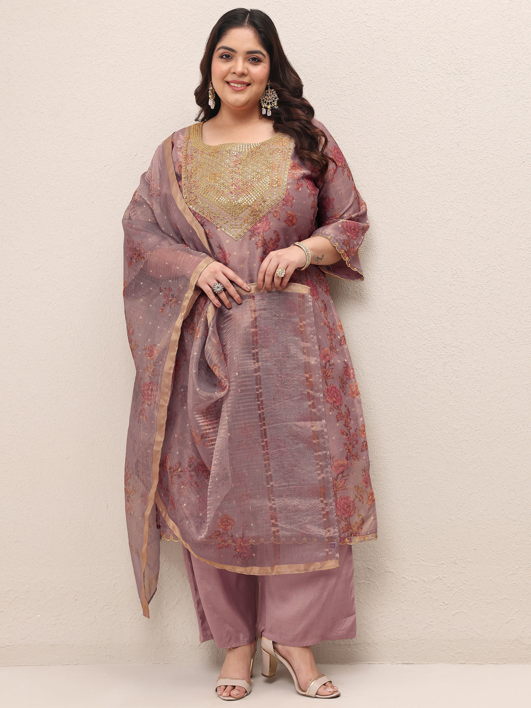 Plus Size Lavender Embroidered Silk Blend Straight Suit Set With Dupatta