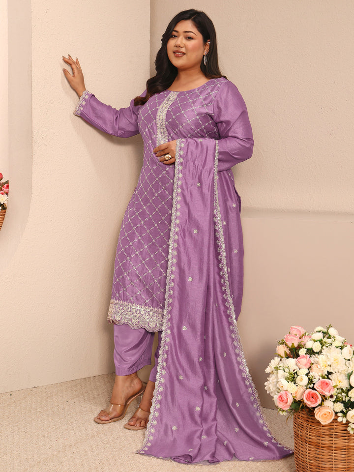 Plus Size Lavender Embroidered Silk Blend Straight Suit Set With Dupatta