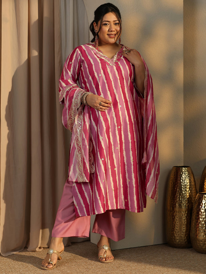 Plus Size Leheriya Printed Silk Blend Straight Suit Set With Dupatta