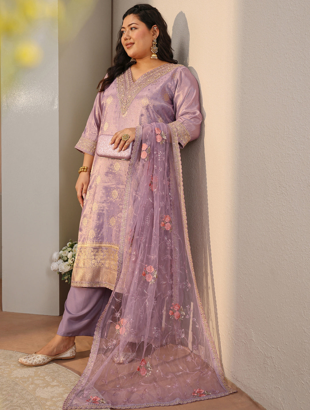 Plus Size Lilac Woven Design Silk Blend Straight Suit Set