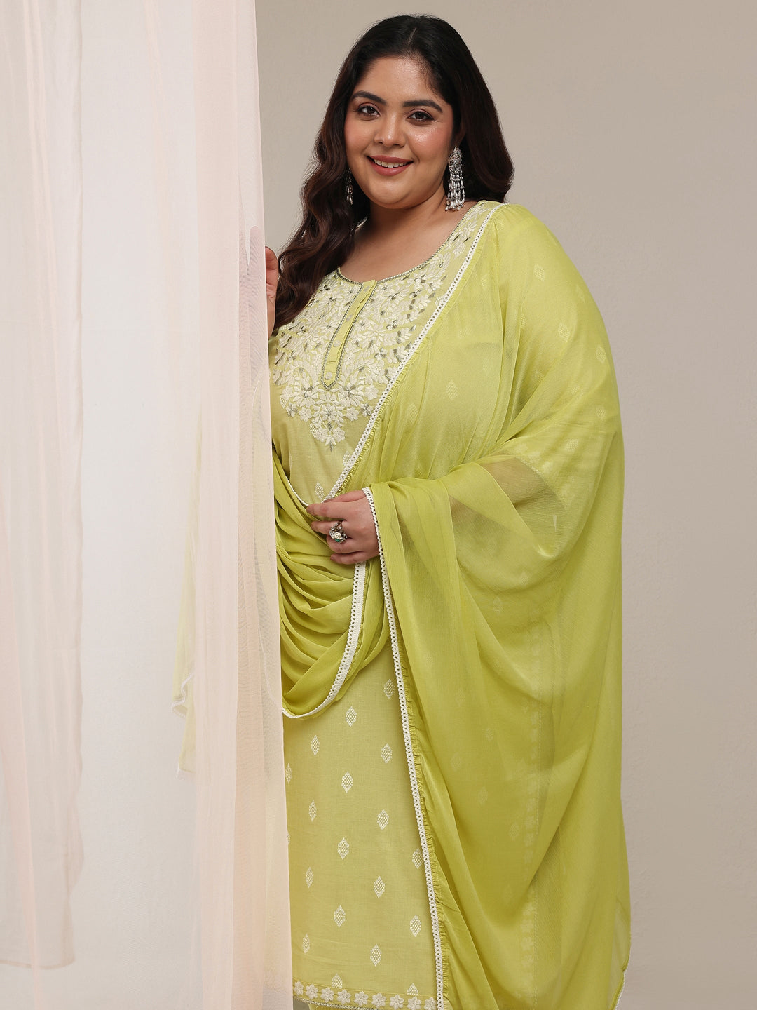 Plus Size Lime Green Embroidered Cotton Blend Straight Suit Set With Dupatta