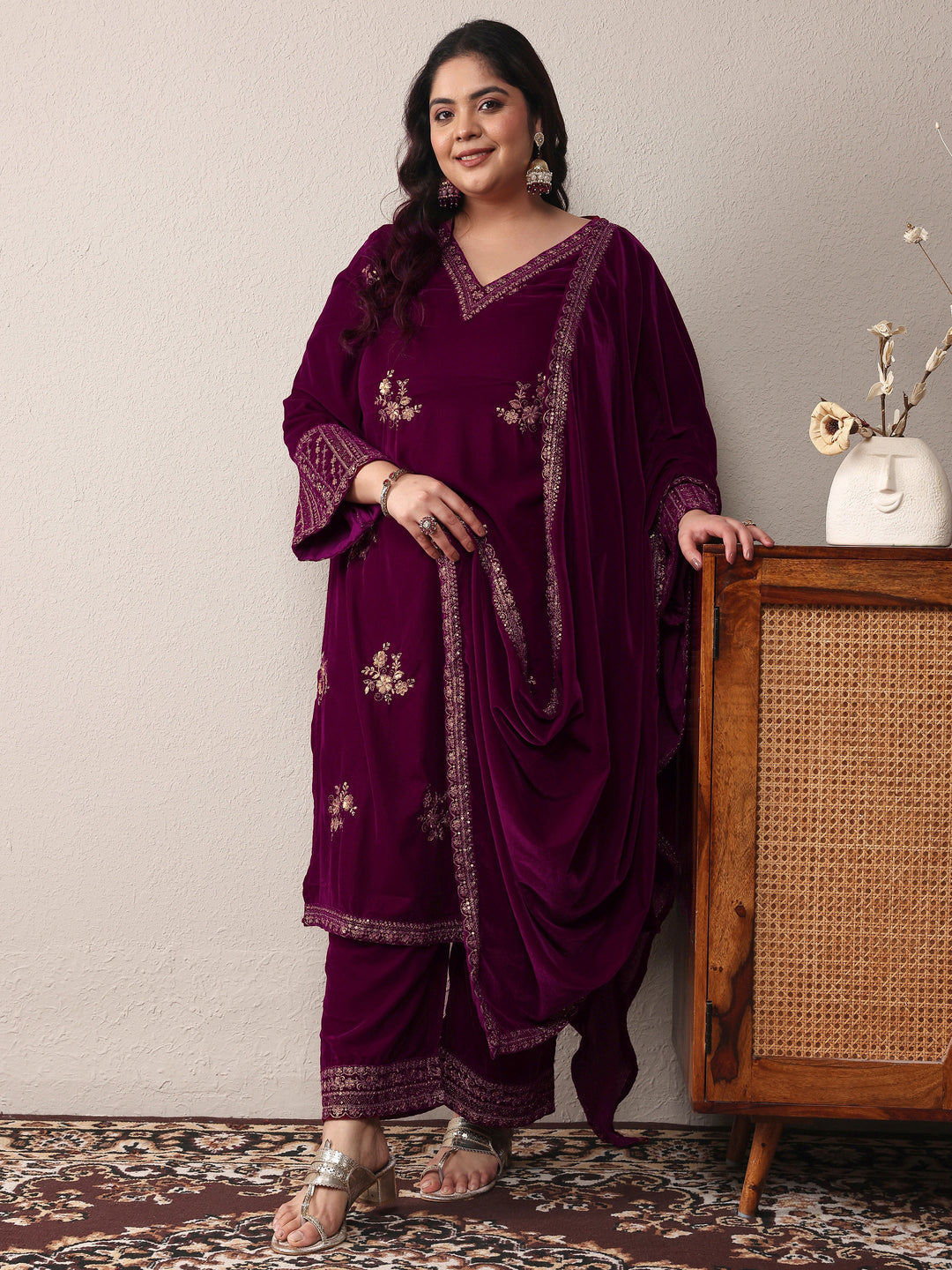 Plus Size Magenta Embroidered Velvet Straight Suit Set With Dupatta