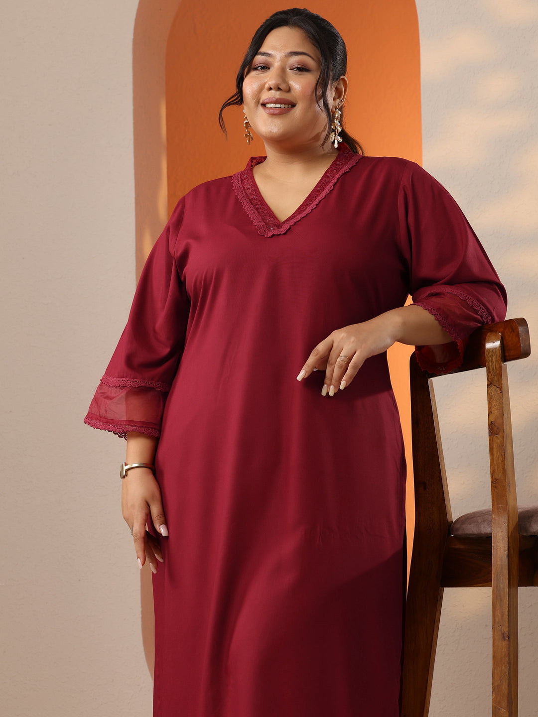 Plus Size Maroon Embellished Rayon Co-Ord Sets