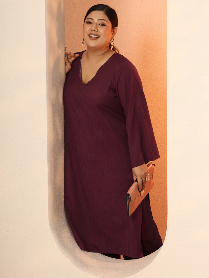 Plus Size Maroon Embellished Rayon Straight Kurta