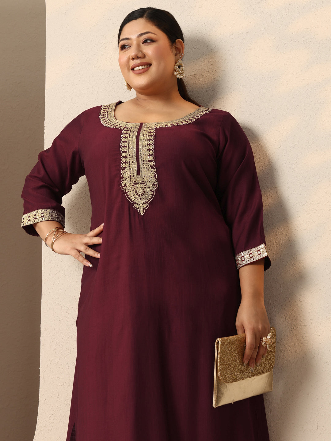 Plus Size Maroon Embroidered Silk Blend Straight Kurta