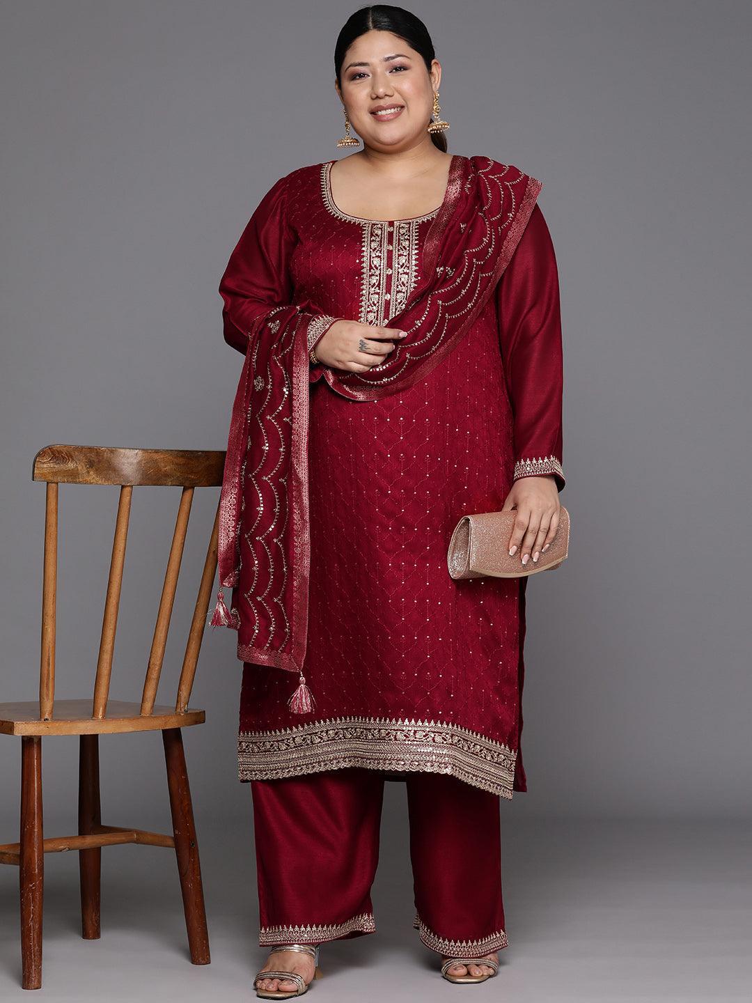 Plus Size Maroon Embroidered Silk Blend Straight Suit Set - Libas 
