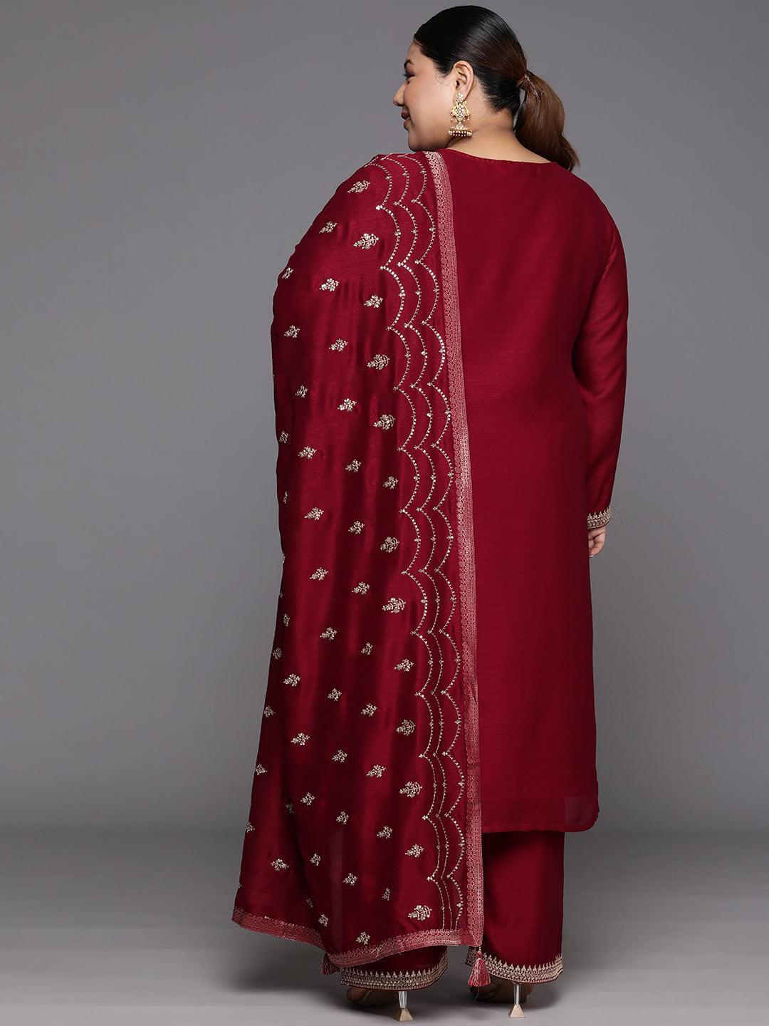 Plus Size Maroon Embroidered Silk Blend Straight Suit Set - Libas 