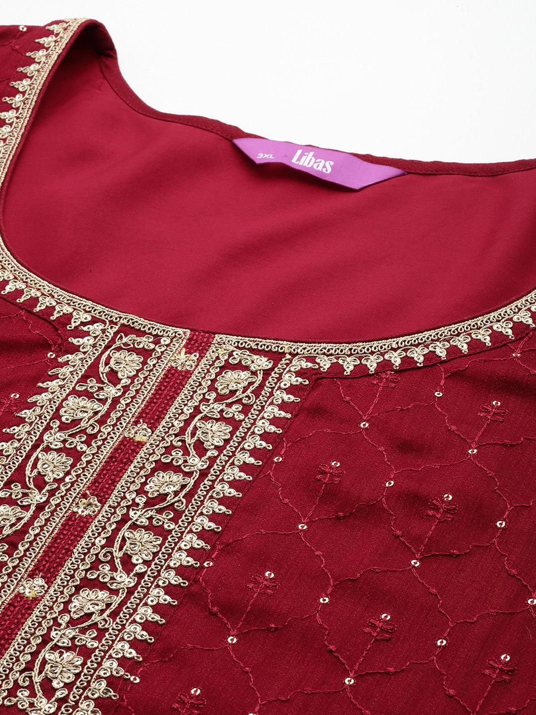 Plus Size Maroon Embroidered Silk Blend Straight Suit Set - Libas 