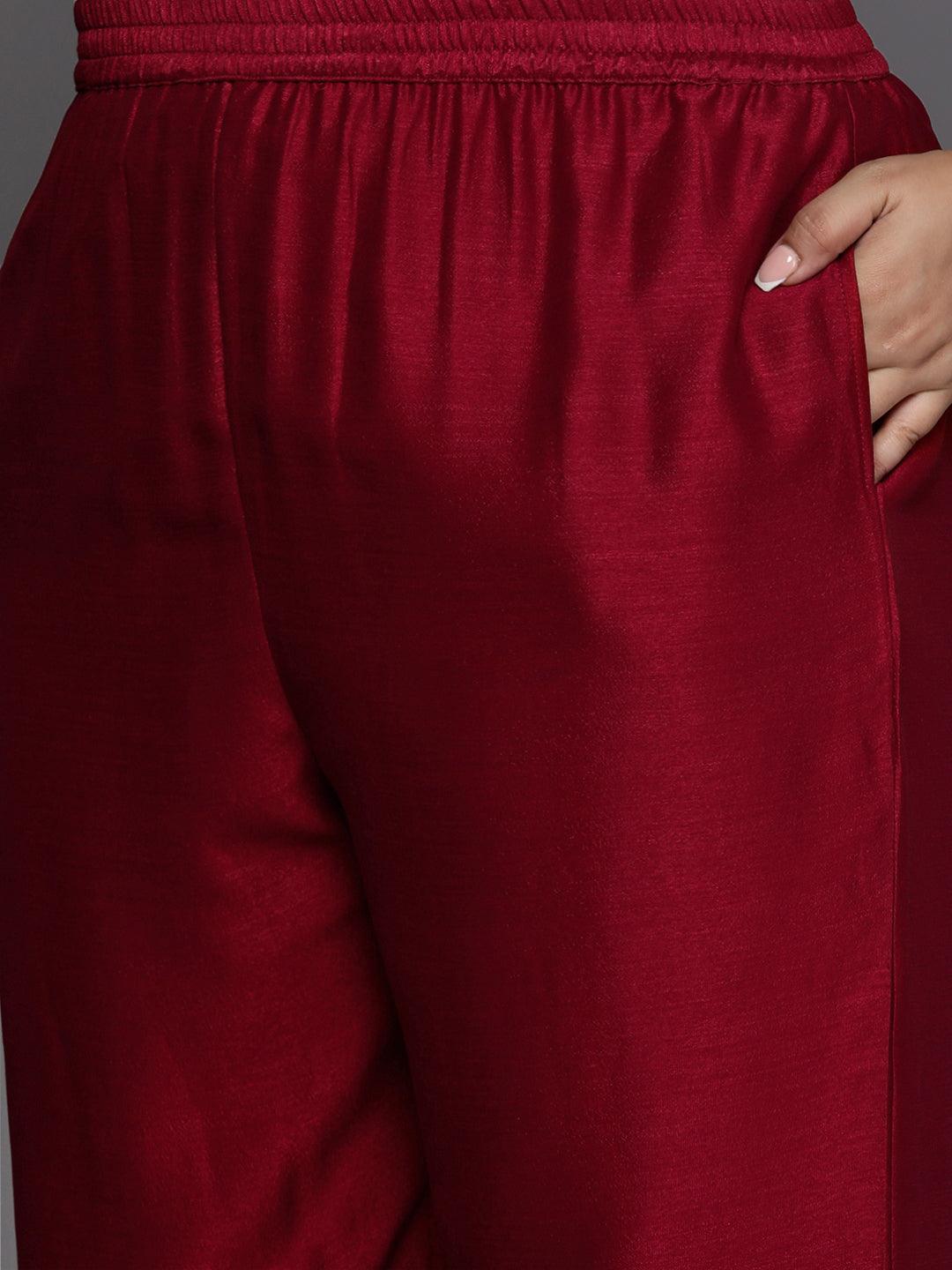 Plus Size Maroon Embroidered Silk Blend Straight Suit Set - Libas 