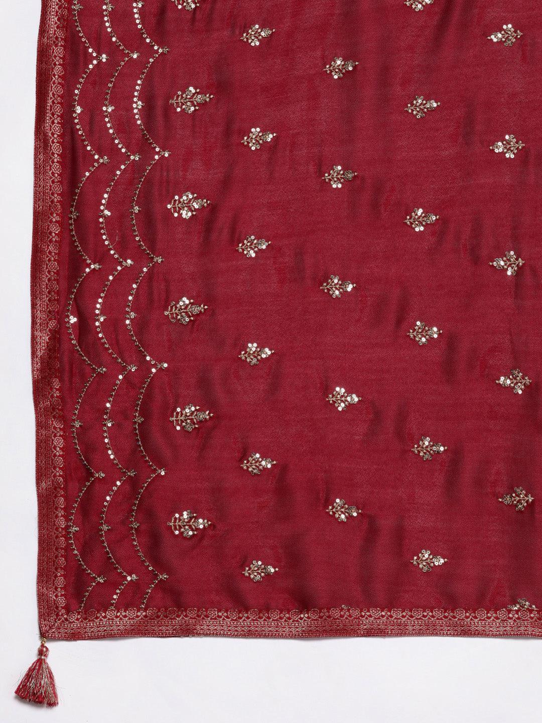 Plus Size Maroon Embroidered Silk Blend Straight Suit Set - Libas 