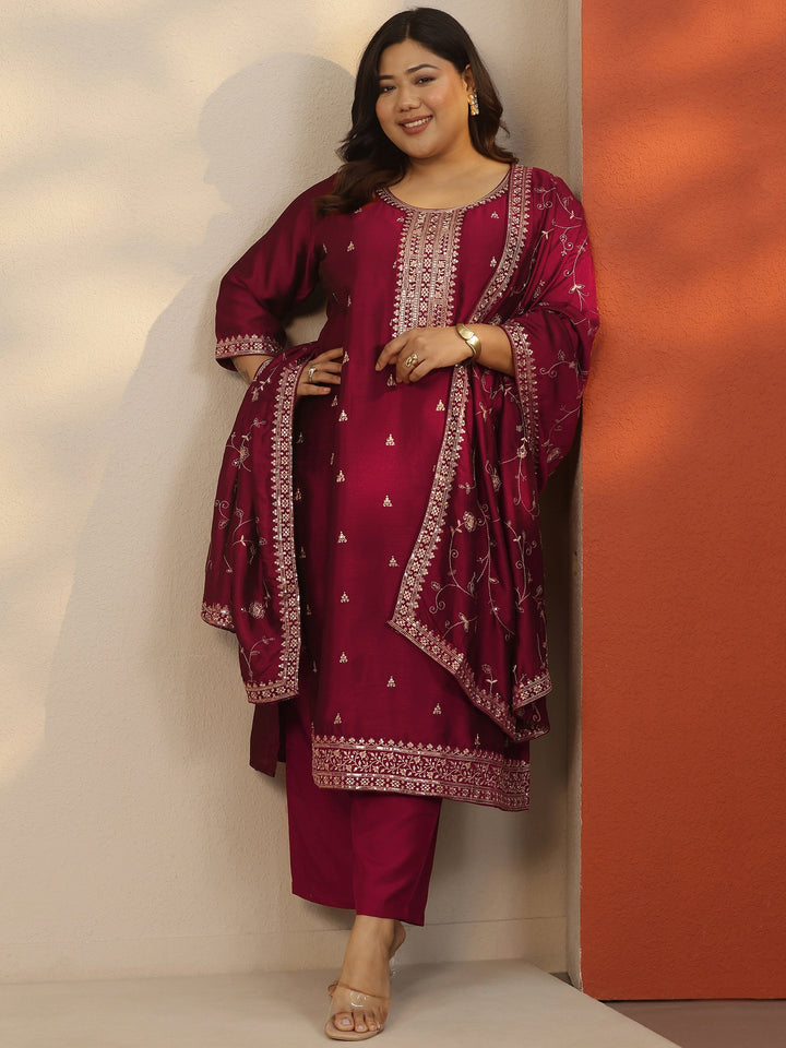 Plus Size Maroon Embroidered Silk Blend Straight Suit Set With Dupatta