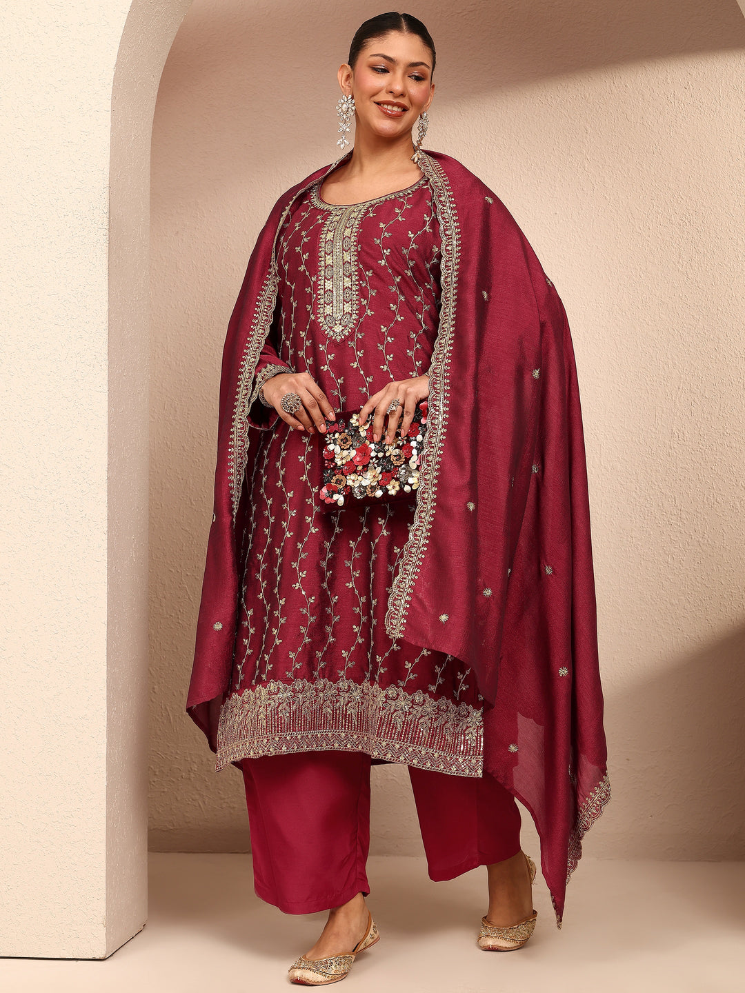 Plus Size Maroon Embroidered Silk Blend Straight Suit Set With Dupatta