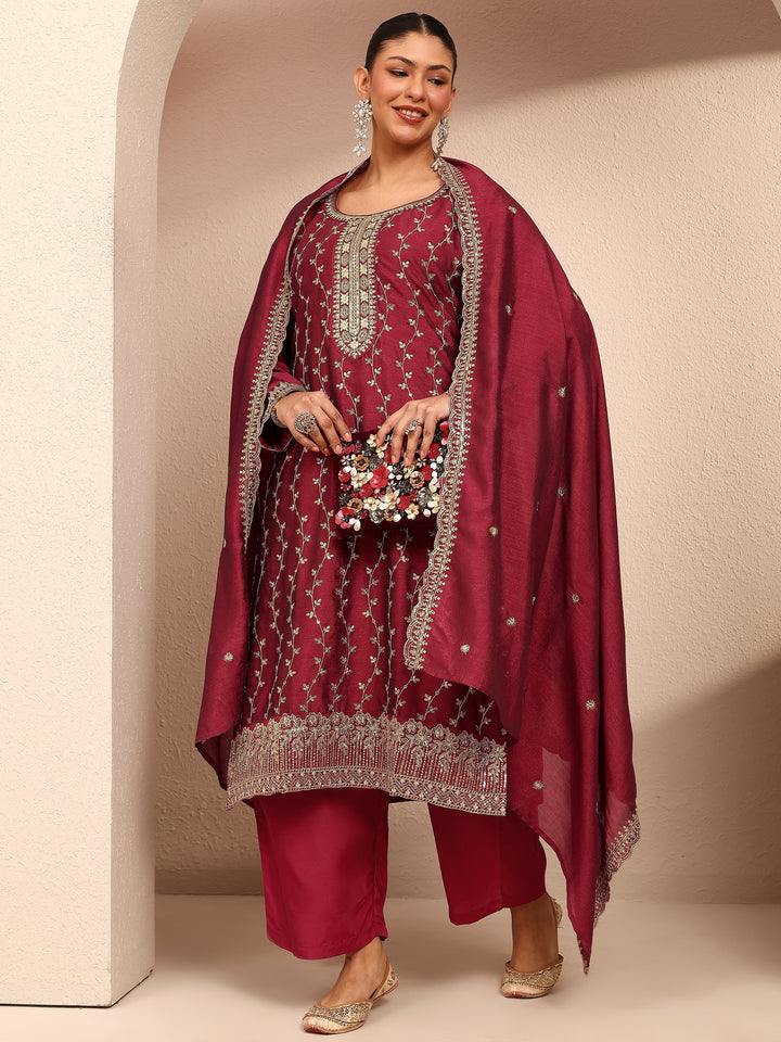 Plus Size Maroon Embroidered Silk Blend Straight Suit Set With Dupatta