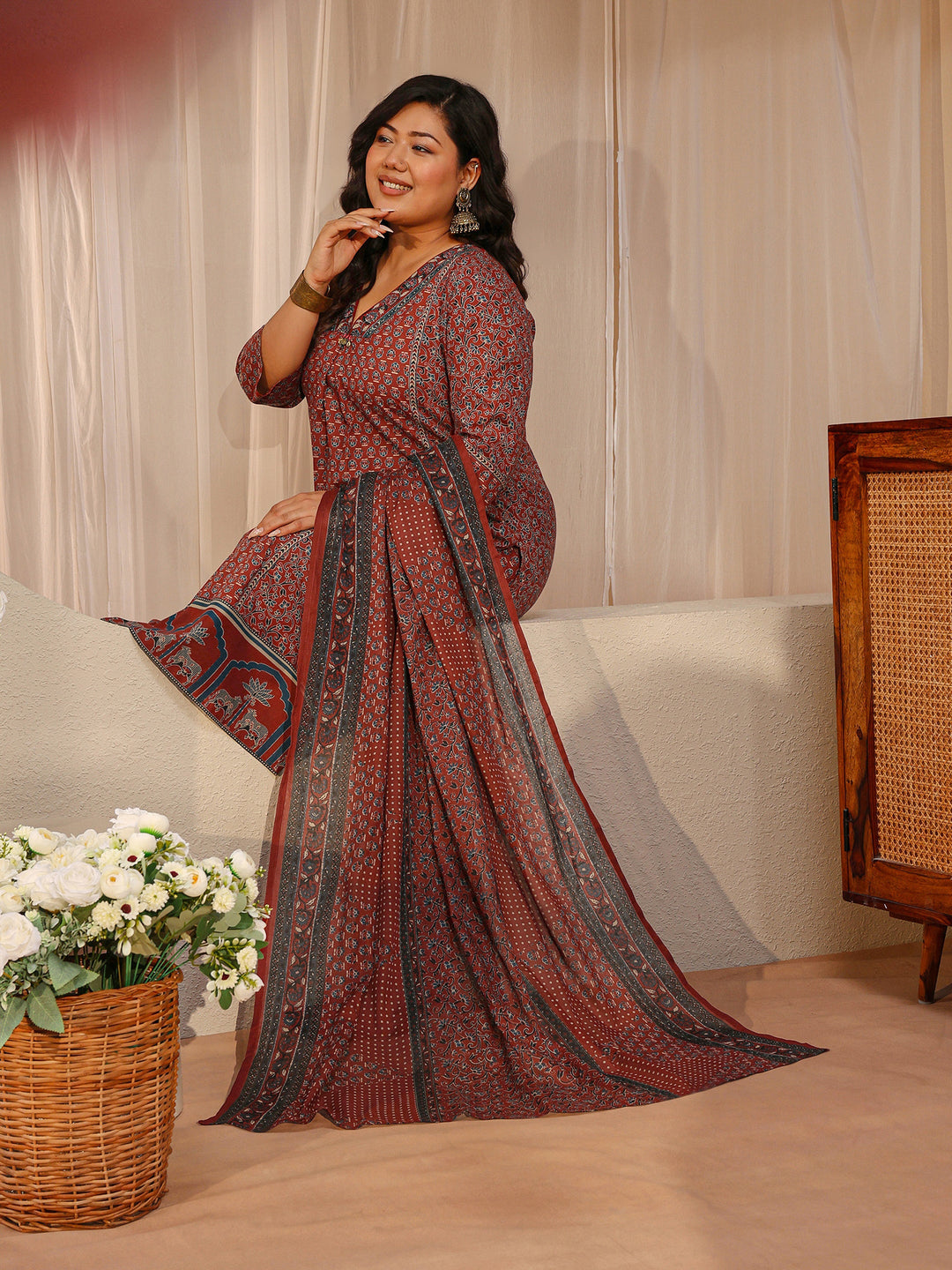 Plus Size Maroon Floral Printed Cotton A-Line Suit Set