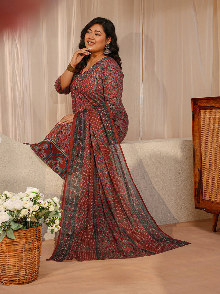 Plus Size Maroon Floral Printed Cotton A-Line Suit Set