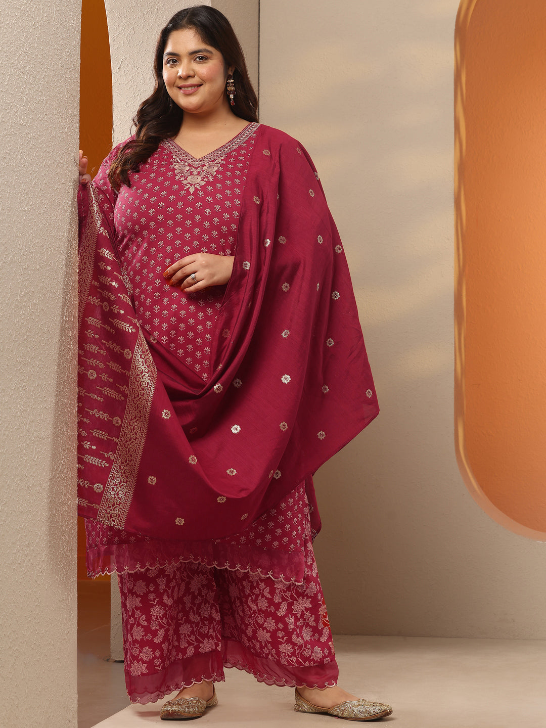Plus Size Maroon Printed Cotton Straight Suit Set With Dupatta