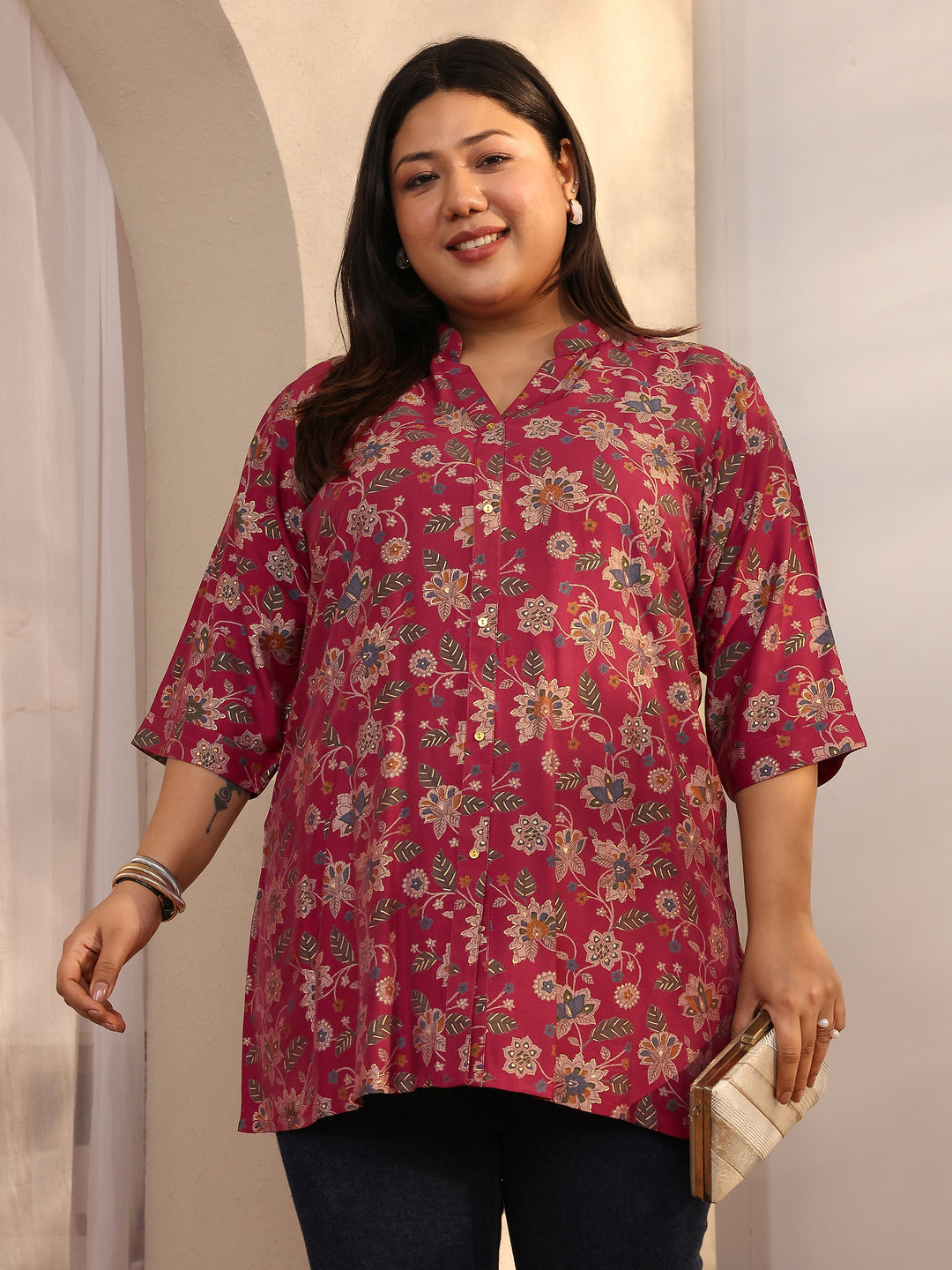 Plus Size Maroon Printed Silk Blend Straight Short Kurti