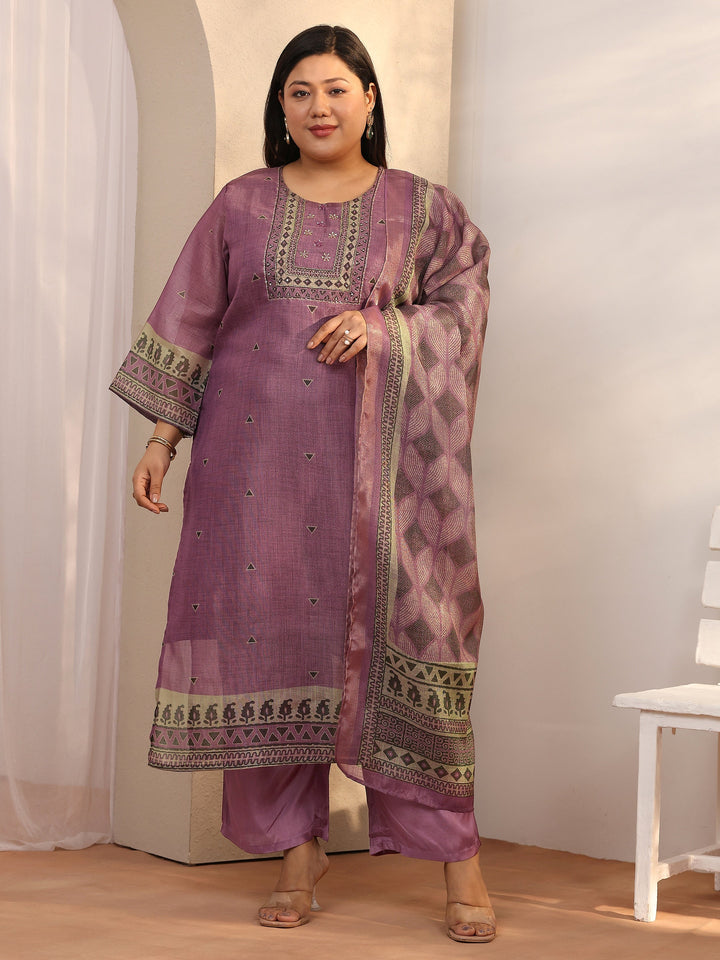 Plus Size Mauve Embroidered Silk blend Straight Suit Set With Dupatta
