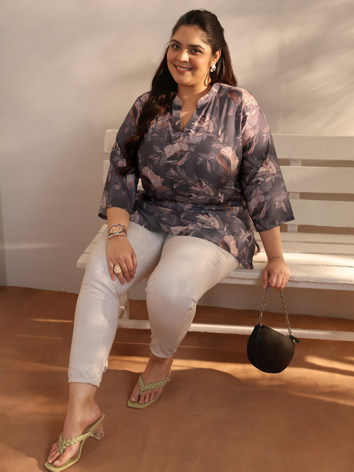 Plus Size Mauve Printed Cotton Blend Straight Short Kurti