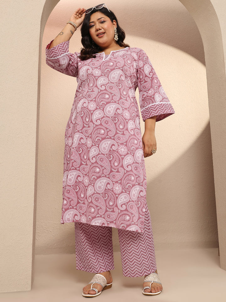 Plus Size Mauve Printed Cotton Straight Kurta Set