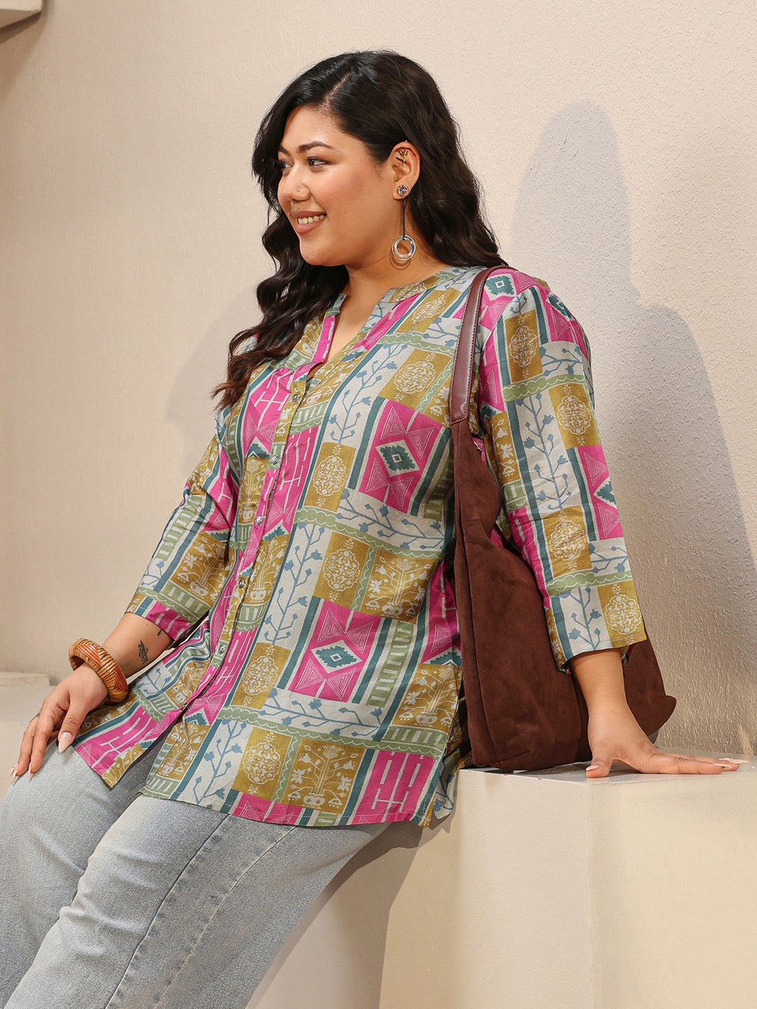 Plus Size Multicolour Ethnic Printed Silk blend Shirt