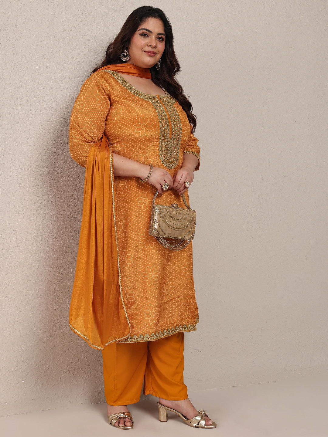 Plus Size Mustard Bandhani Embroidered Silk Blend Straight Suit Set With Dupatta