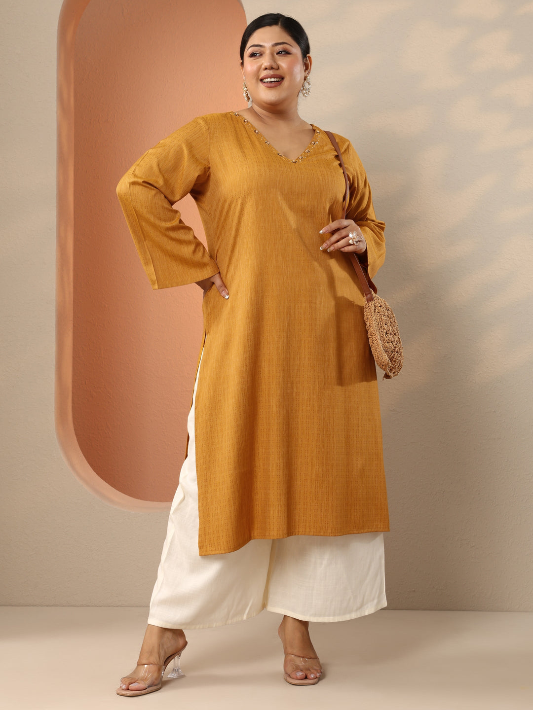 Plus Size Mustard Embellished Rayon Straight Kurta