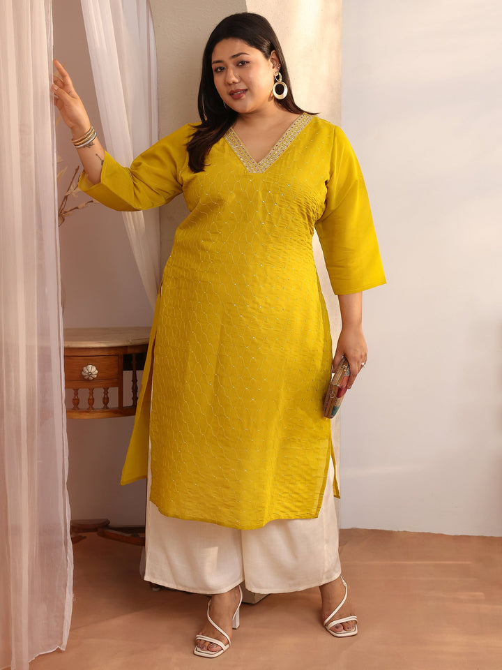 Plus Size Mustard Embellished Silk Blend Straight Kurta