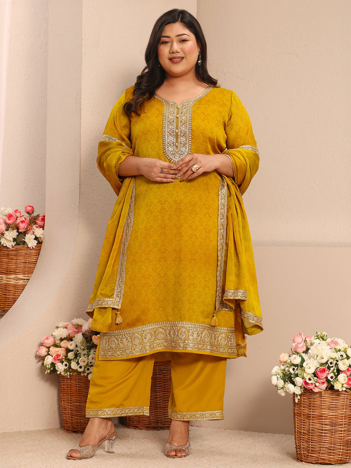 Plus Size Mustard Embroidered Chiffon Straight Suit Set With Dupatta