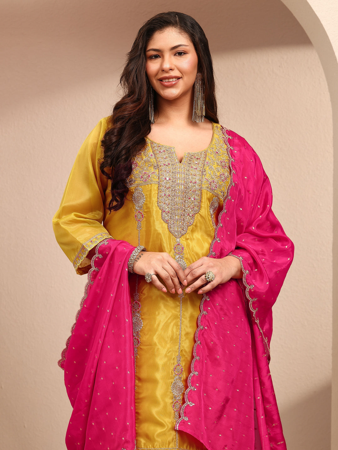 Plus Size Mustard Embroidered Plus Size Clothing Organza Straight Suit Set With Dupatta