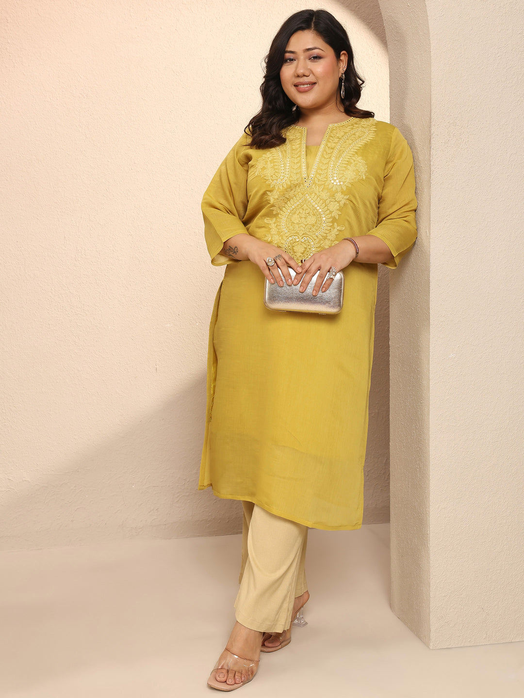 Plus Size Mustard Embroidered Silk Blend Straight Kurta
