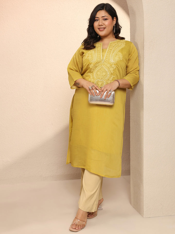 Plus Size Mustard Embroidered Silk Blend Straight Kurta