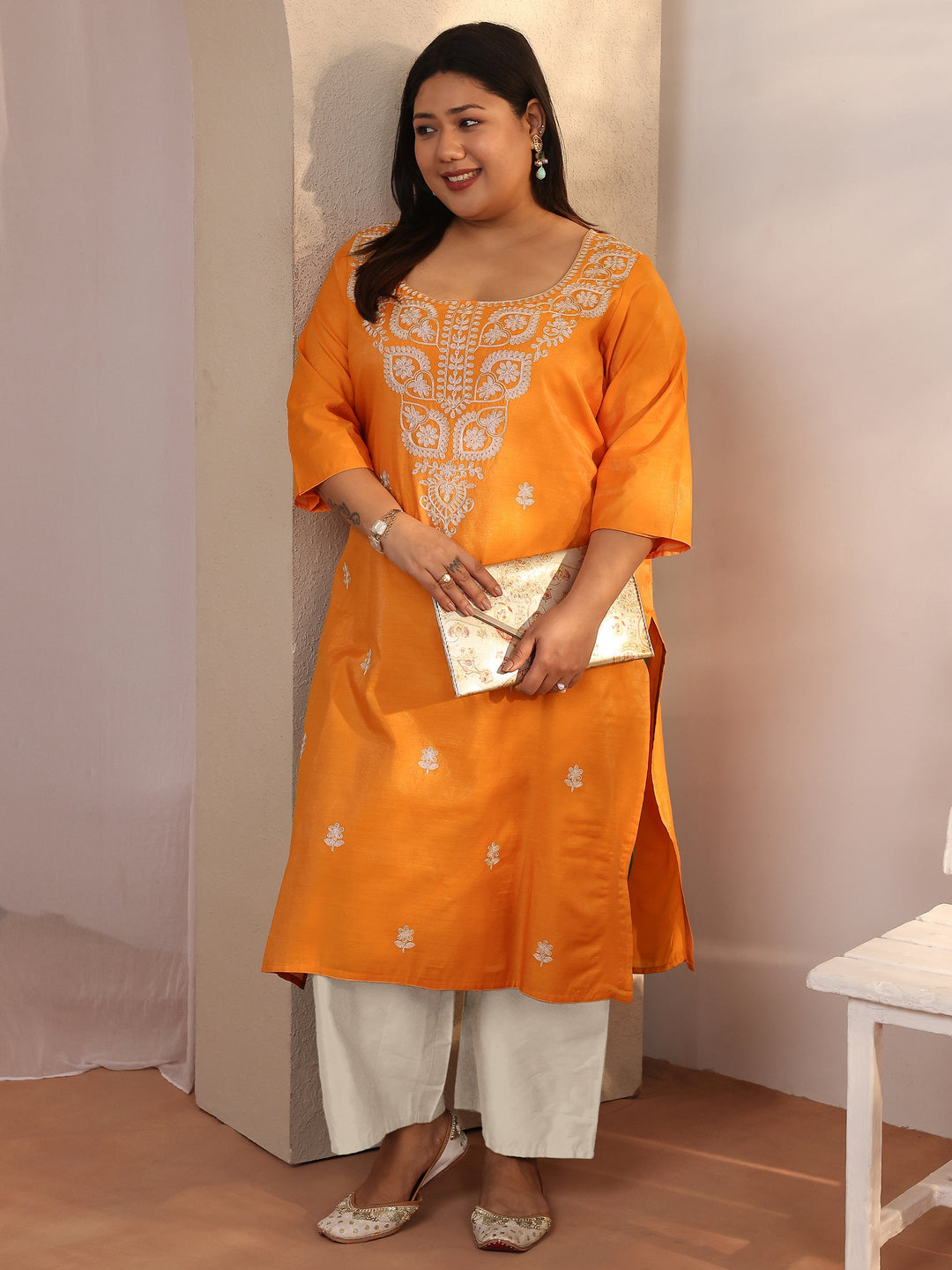 Plus Size Mustard Embroidered Silk Blend Straight Kurta