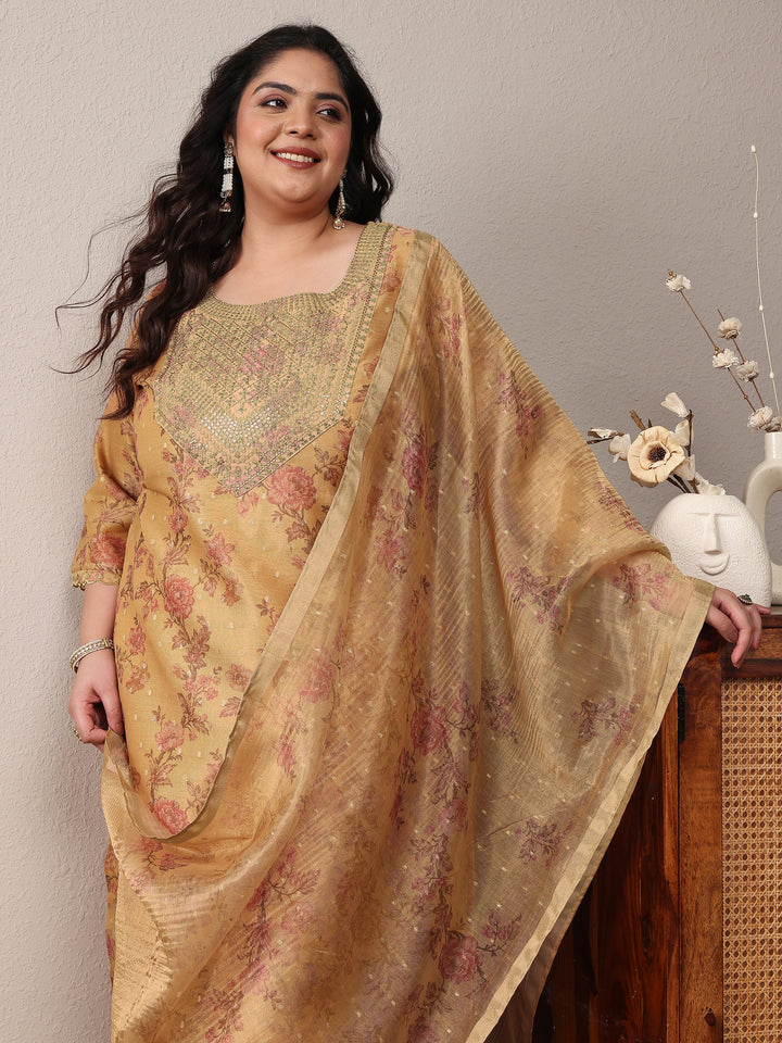 Plus Size Mustard Embroidered Silk Blend Straight Suit Set With Dupatta