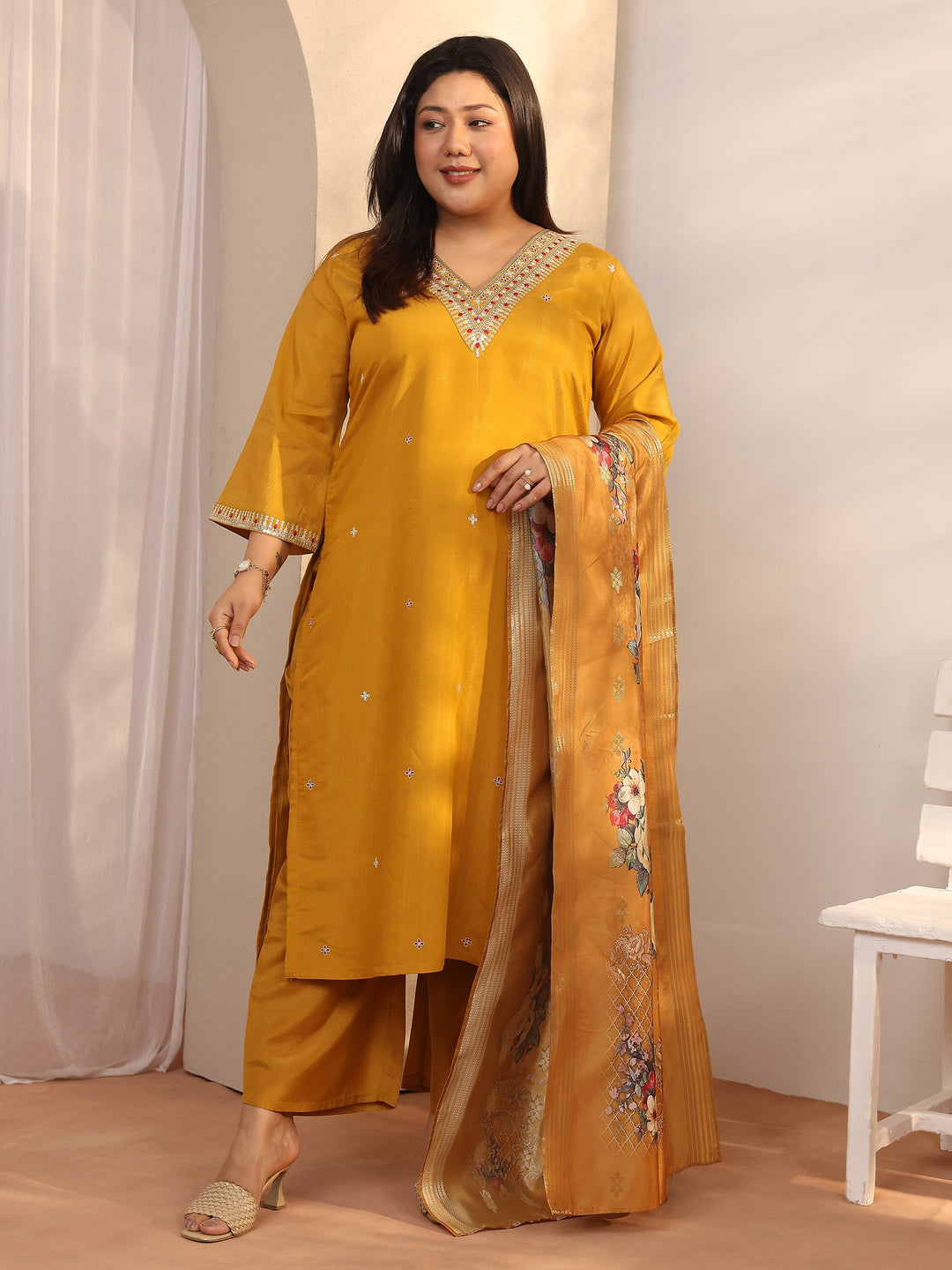 Plus Size Mustard Embroidered Silk blend Straight Suit Set With Dupatta