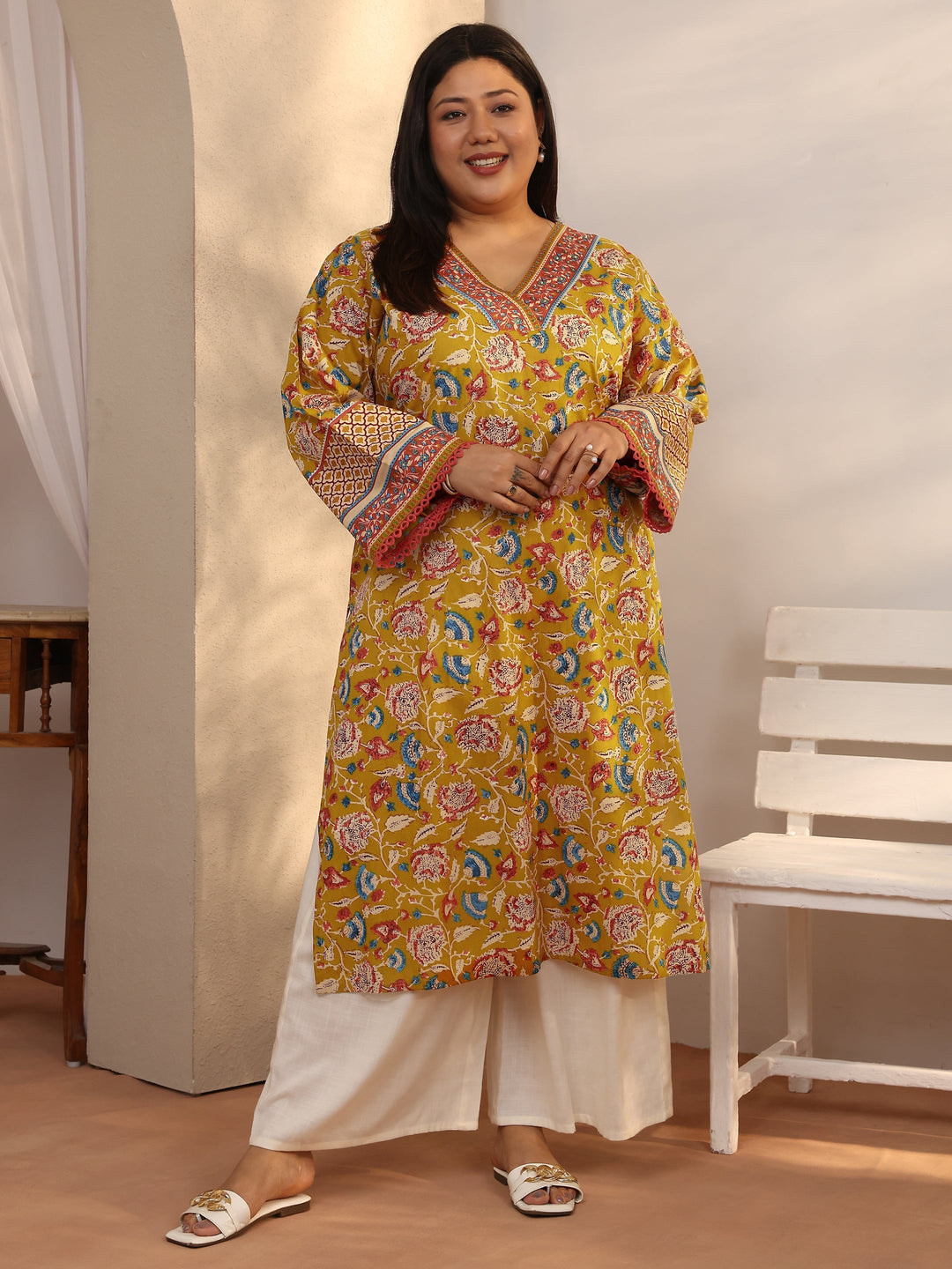 Plus Size Mustard Printed Cotton Straight Kurta