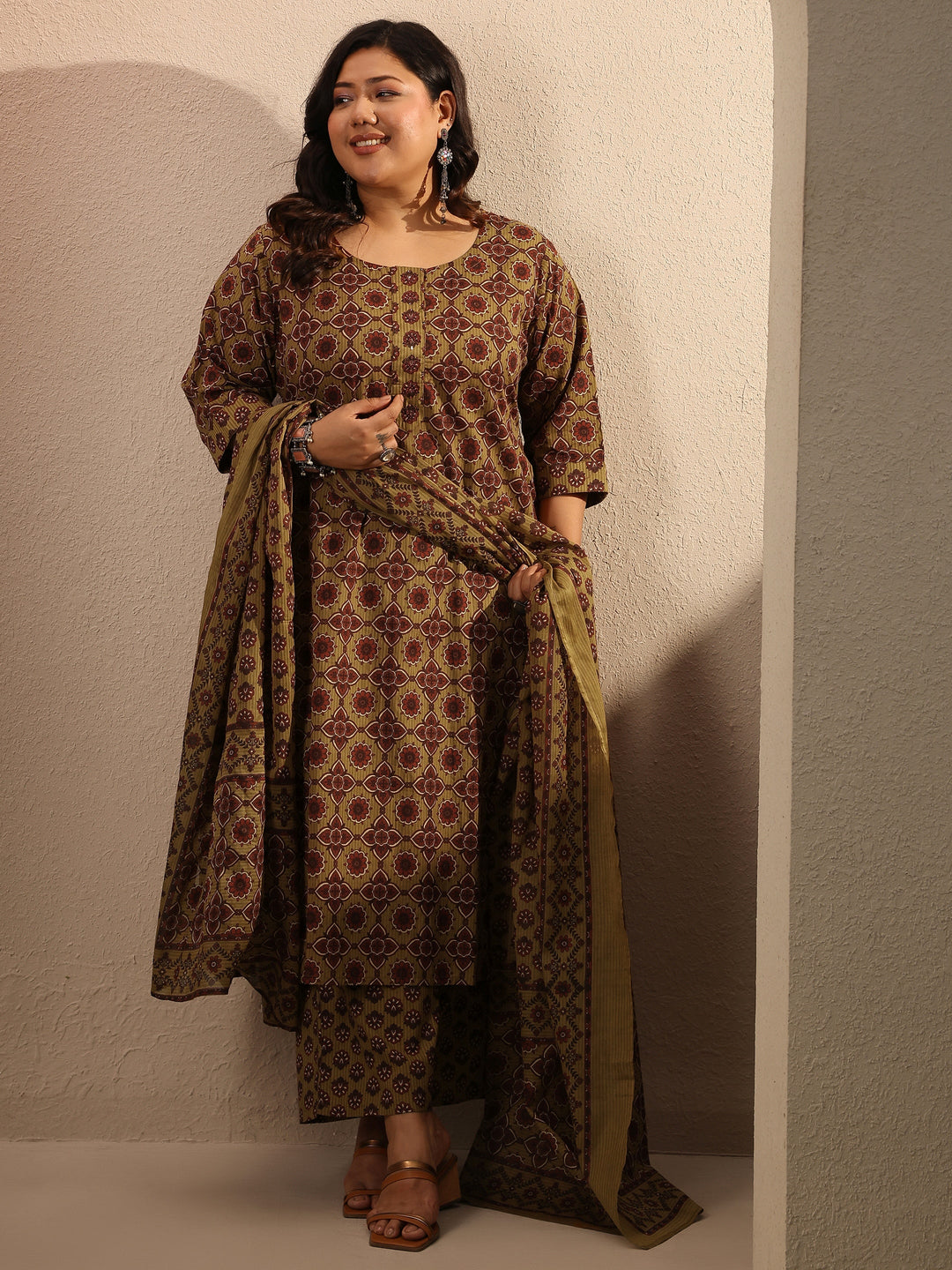 Plus Size Mustard Printed Cotton Straight Suit Set With Dupatta