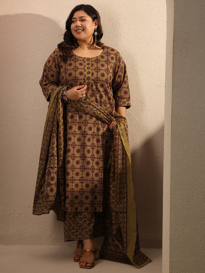 Plus Size Mustard Printed Cotton Straight Suit Set With Dupatta