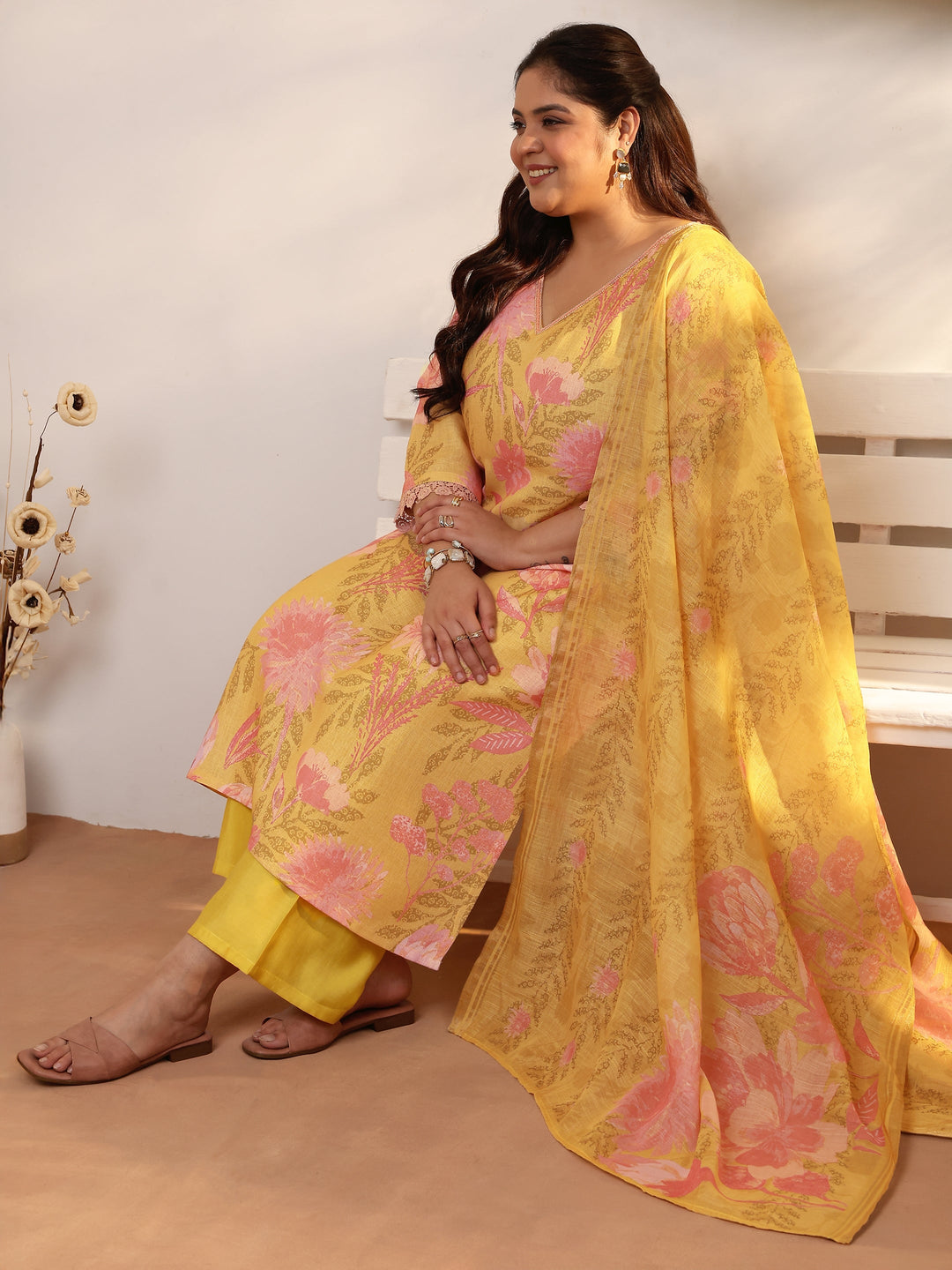 Plus Size Mustard Printed Linen Straight Suit Set With Dupatta