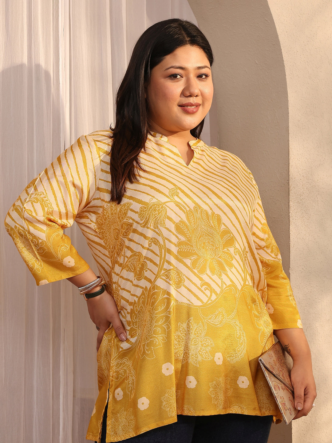 Plus Size Mustard Printed Muslin Straight Short Kurti