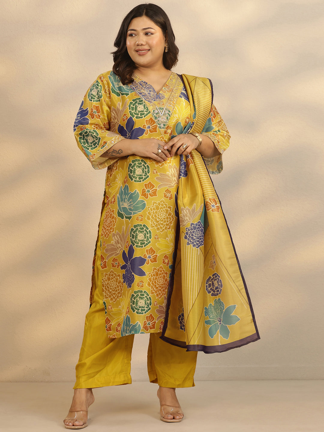 Plus Size Mustard Printed Silk Blend Straight Suit Set With Dupatta