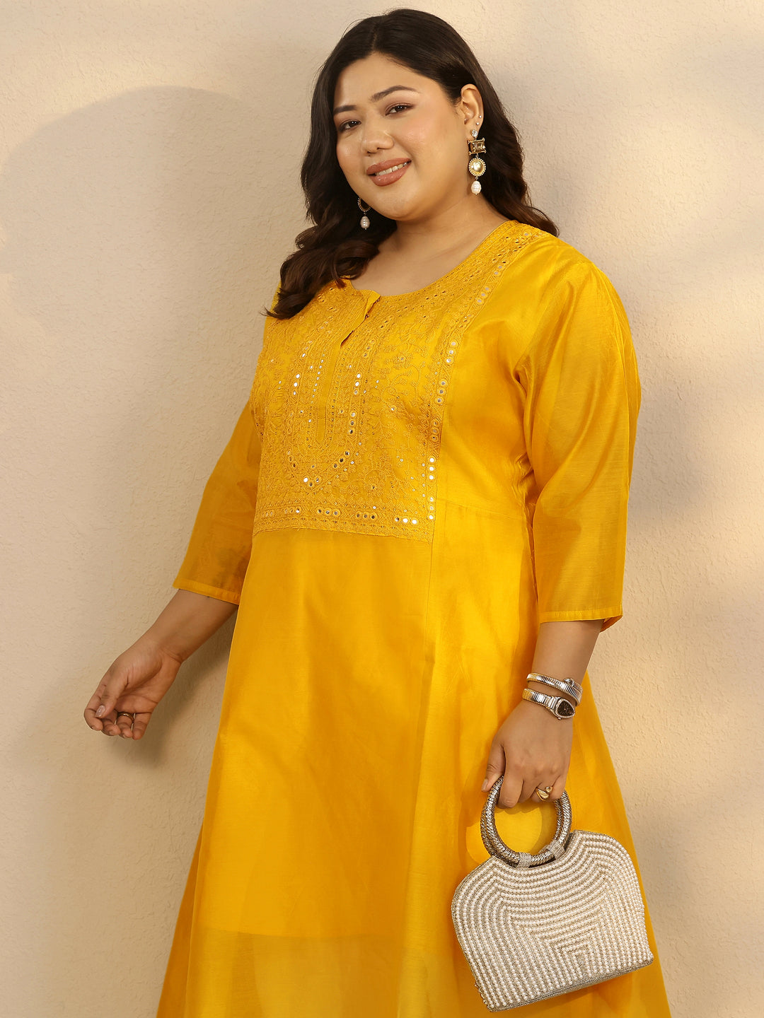 Plus Size Mustard Yoke Design Silk Blend A-Line Kurta