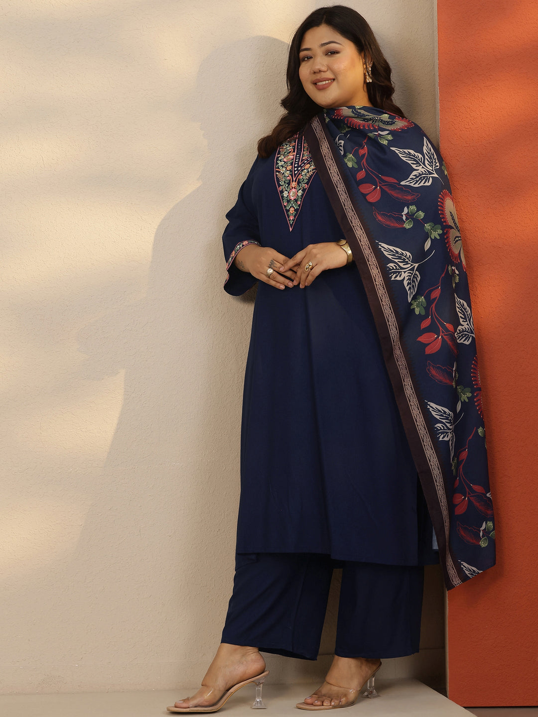 Plus Size Navy Blue Embroidered Rayon Straight Suit Set With Dupatta